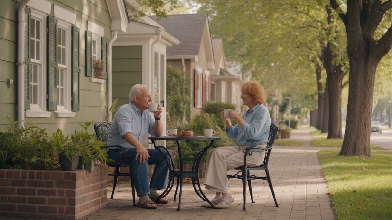 Couple drinking coffee on patio of Wheaton home on quiet street