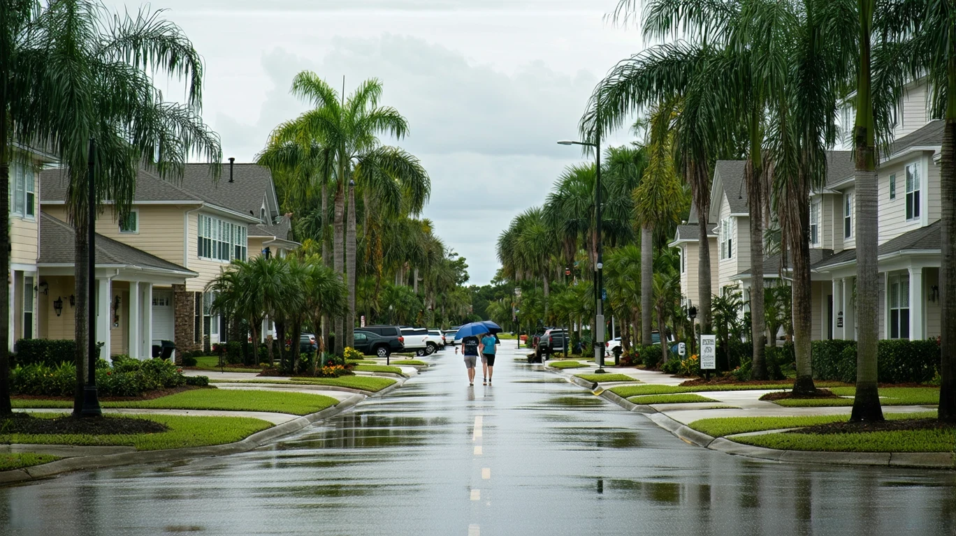 A wide street in Kissimmee, Florida with palm tree reflections in puddles, people walking, and mixed residential and commercial buildings.