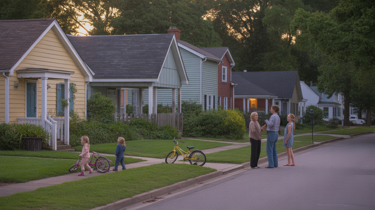A quiet suburban street in Kannapolis, NC at dusk, with homes, lawns, and neighbors chatting.