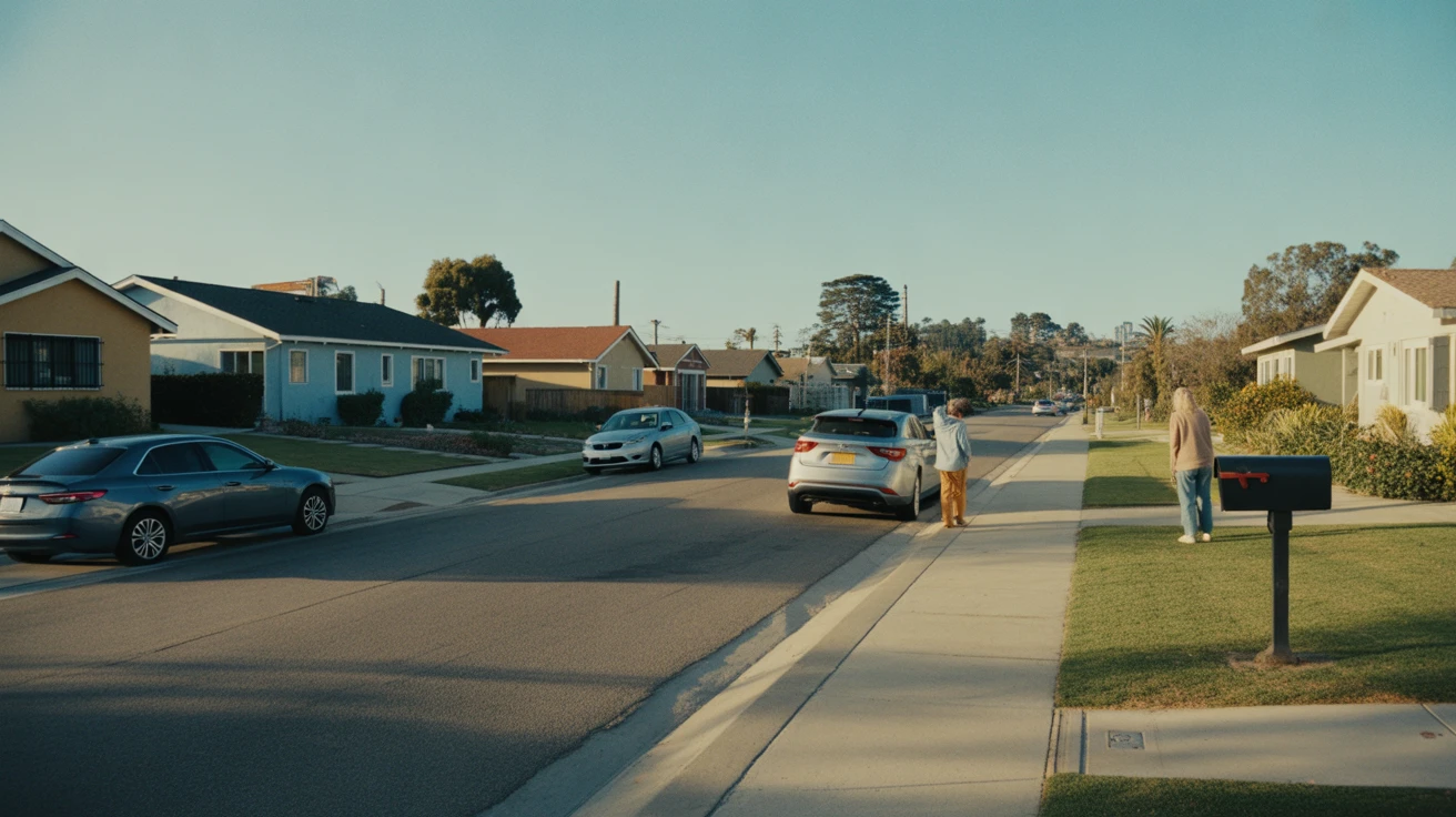 Residential street in San Diego with modern homes, parked cars, and a few people visible.