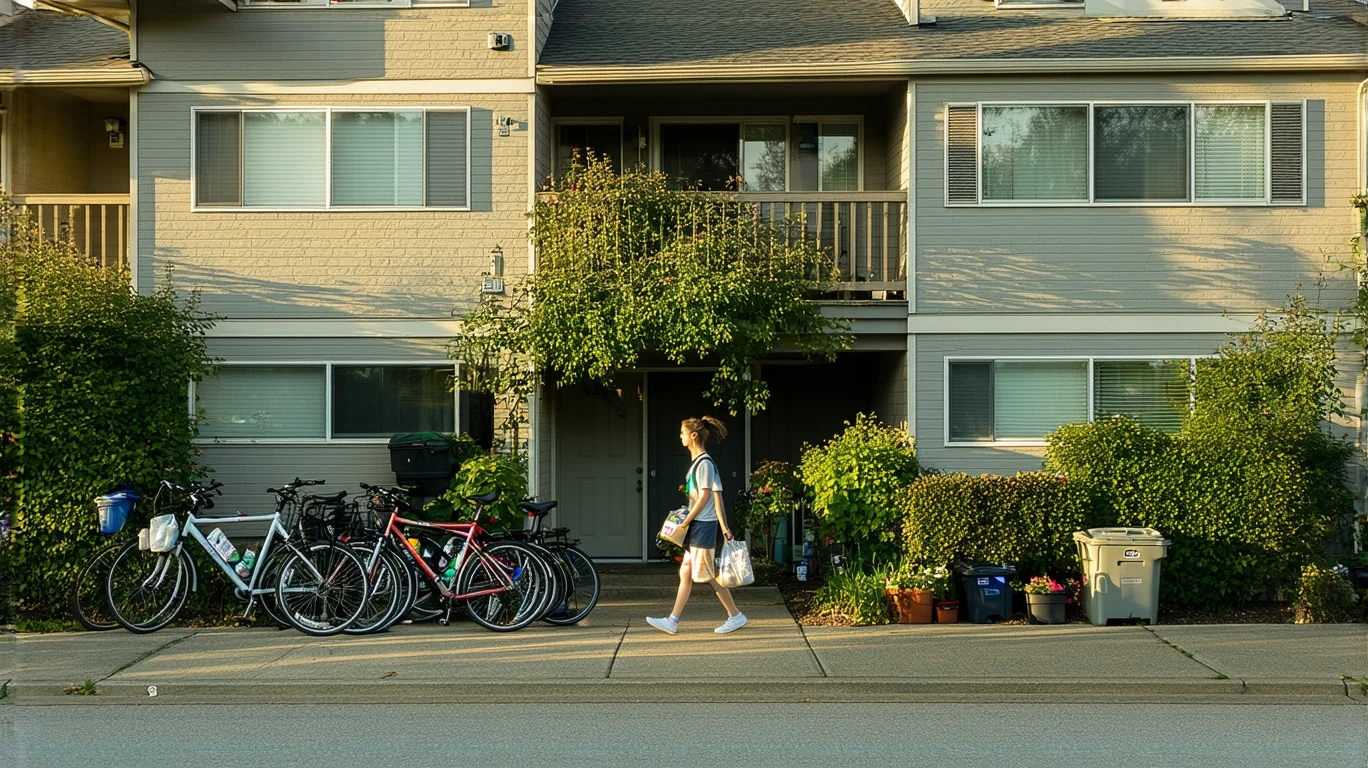 An apartment building in Renton, WA with bikes by the doors and a woman carrying groceries