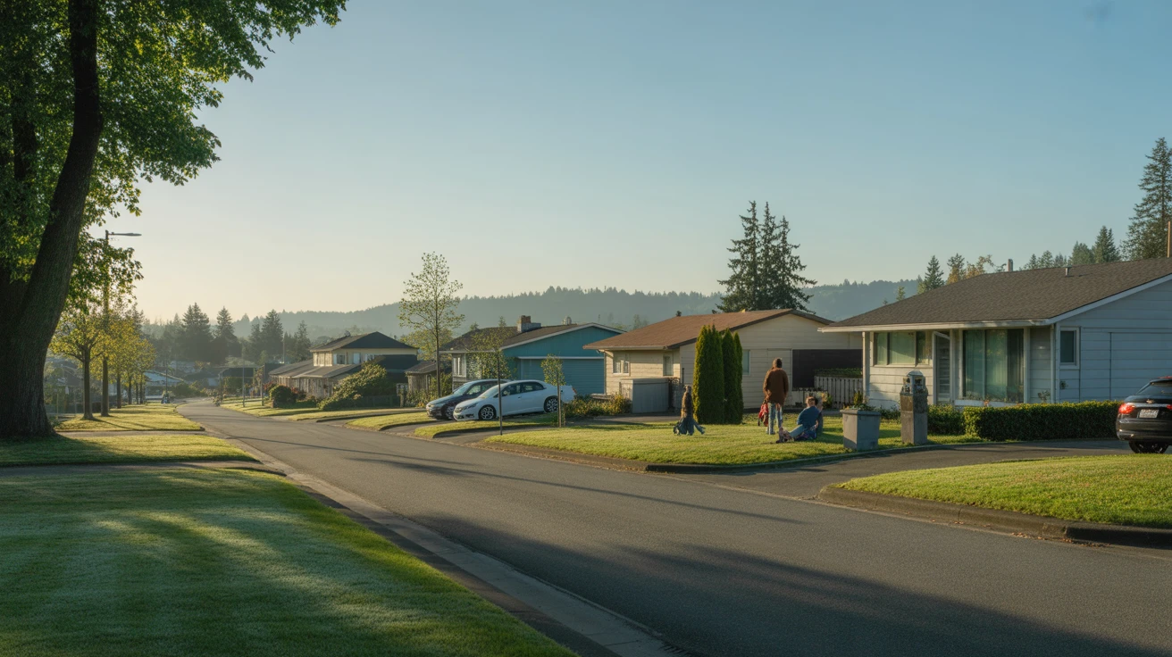 Quiet residential street in Renton, Washington with modest homes and long morning shadows