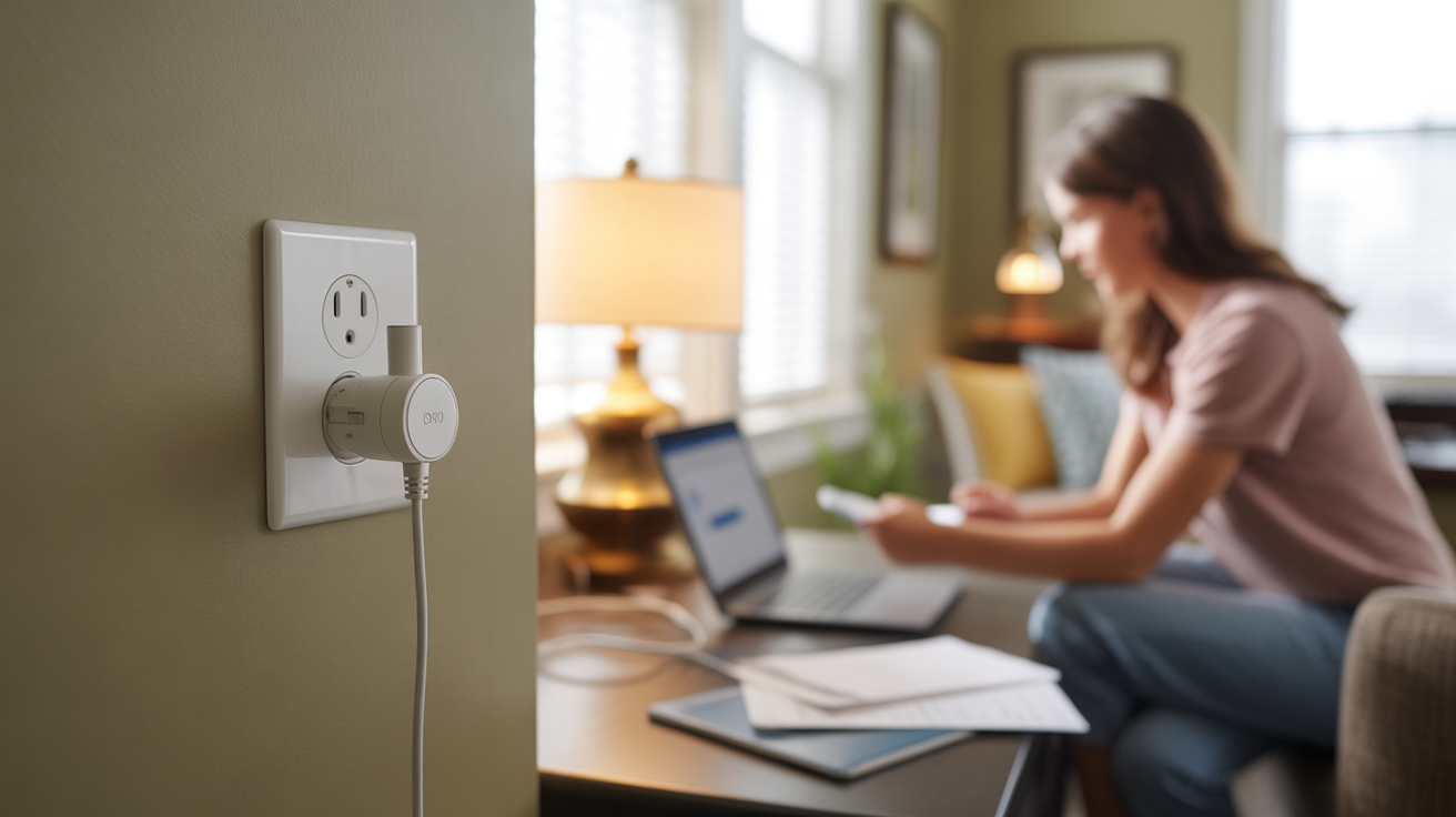 A smart plug and lamp connected to a wall outlet in a home office setting.