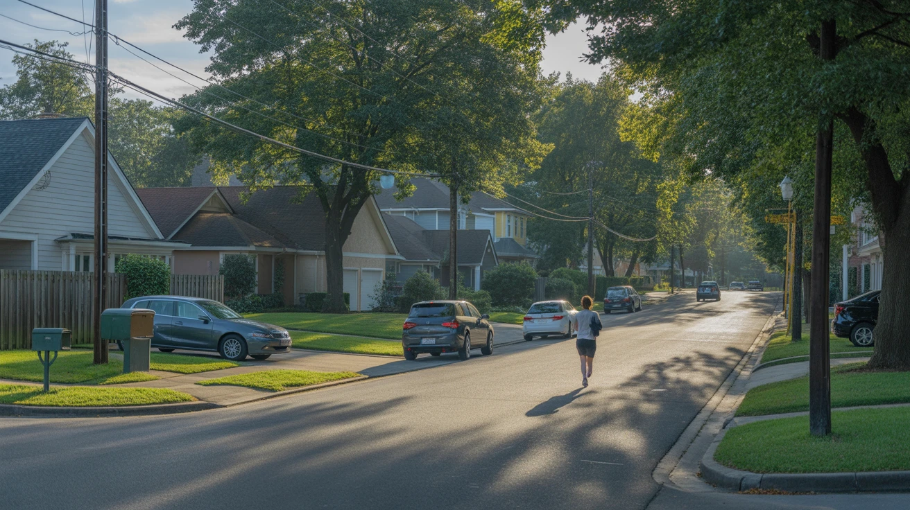 Peaceful upscale suburban street with one-story homes, trees, and a morning jogger.