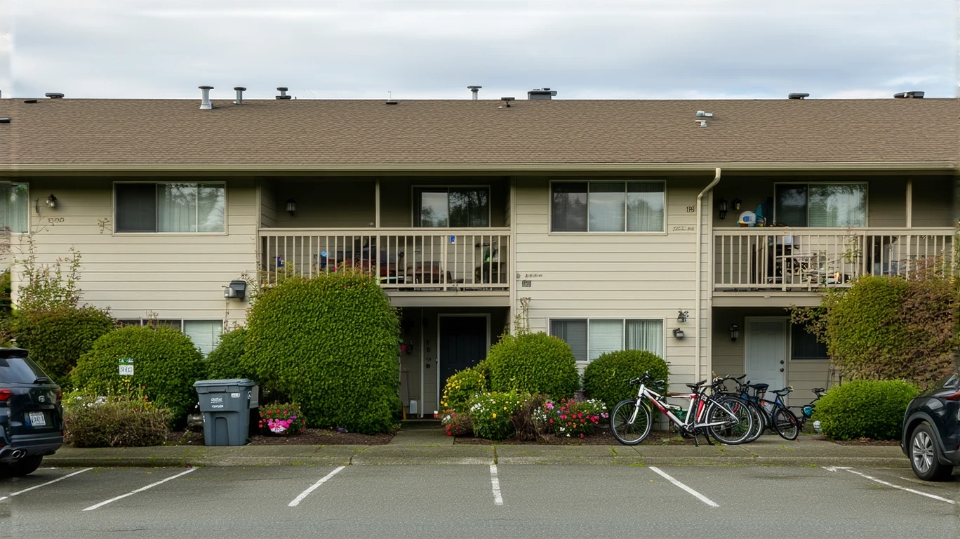 A modest apartment building in Renton, WA with exterior walkways, potted plants, and bicycles outside units.