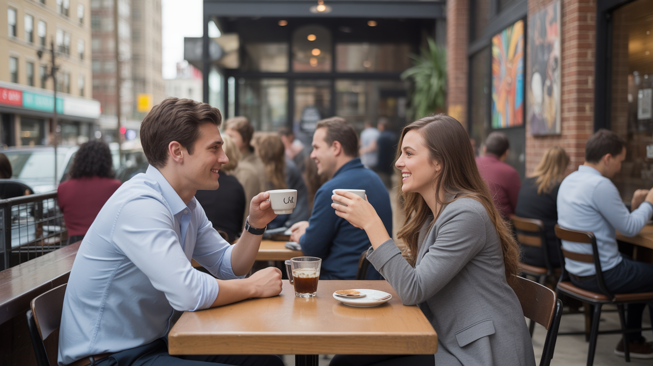A couple chats over coffee in a trendy Chicago cafe filled with a diverse crowd.