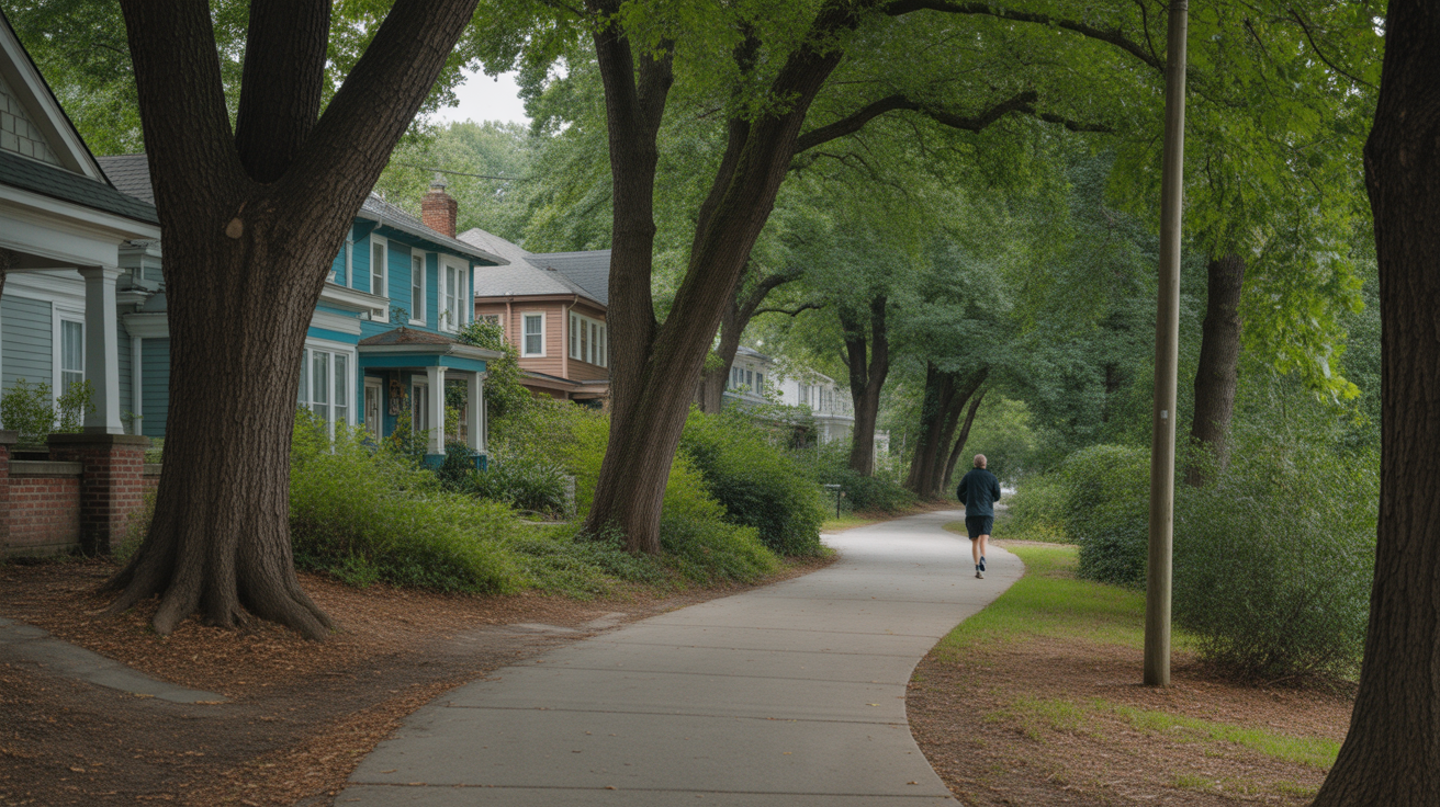 Tree-lined residential street with sidewalk in Durham, North Carolina
