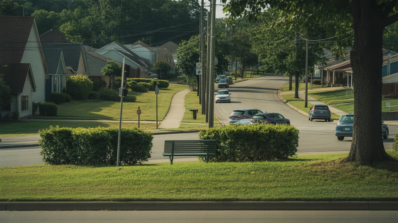 A public park in Antioch, TN with a path, bench, and hedges viewed from the street.