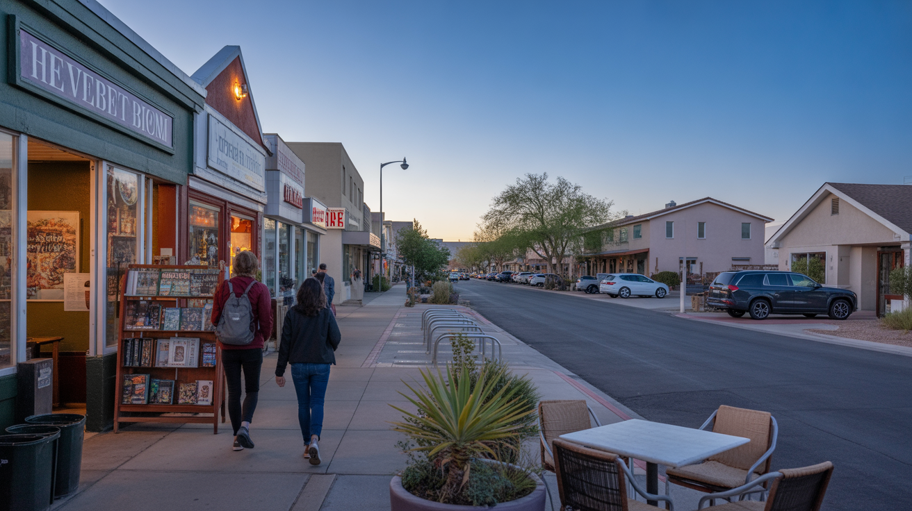 A walkable street of local businesses beside homes in Henderson, Nevada at dusk