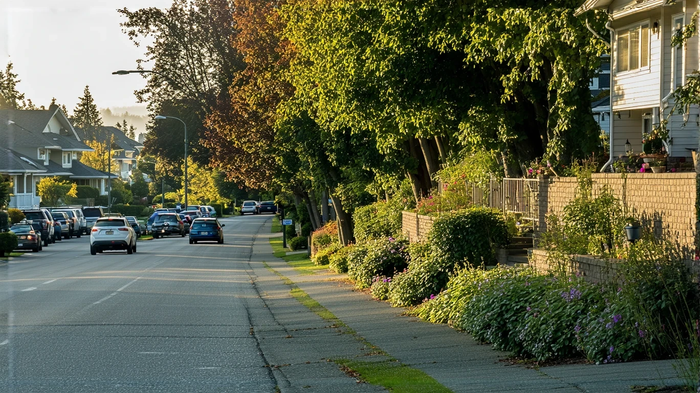 The start of a suburban cul-de-sac in Seattle, with native plants around a low brick wall and long shadows in the early light.