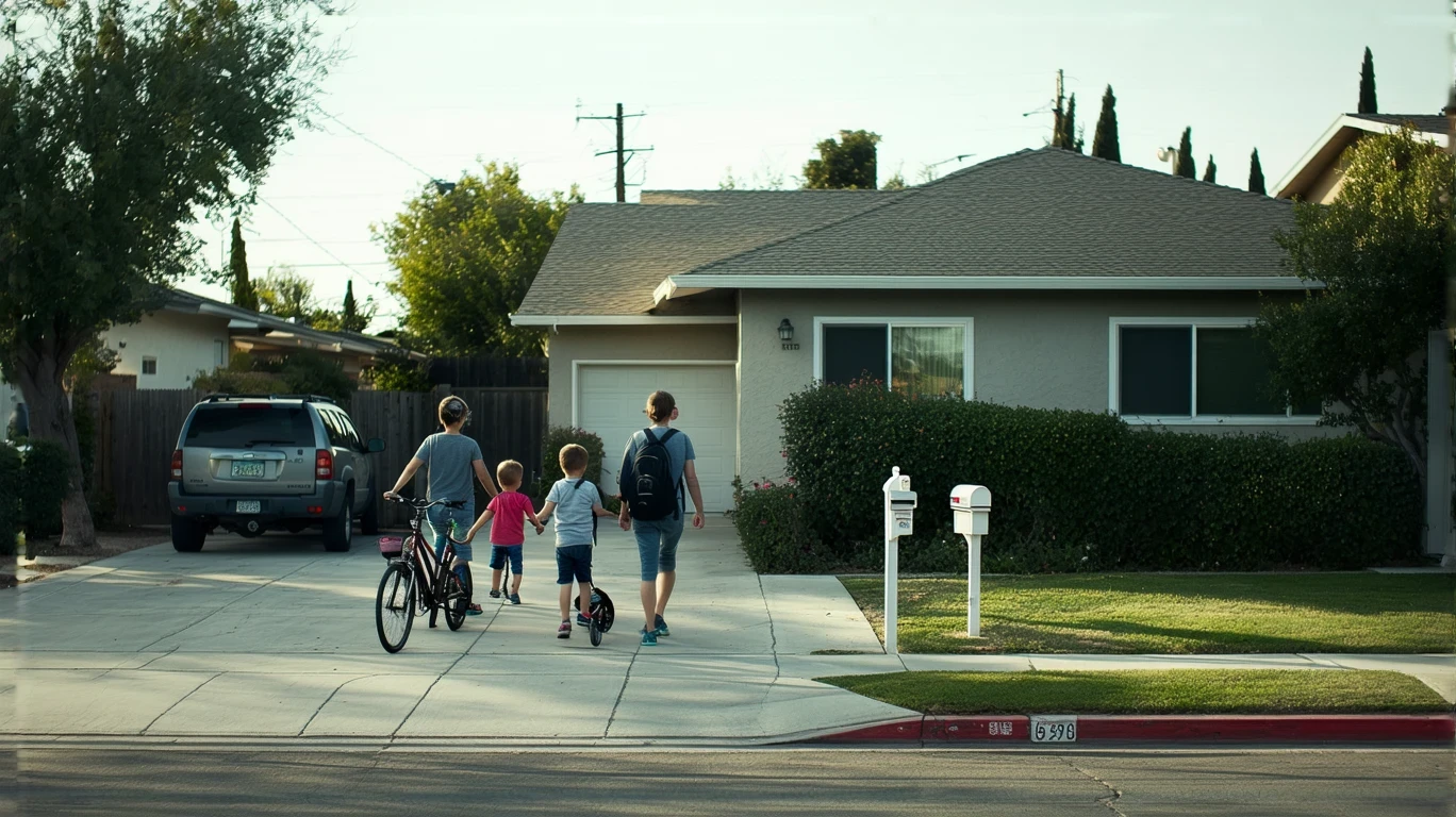 A young family outside their modern single-family home in a tree-lined Lemon Grove neighborhood on a sunny afternoon.