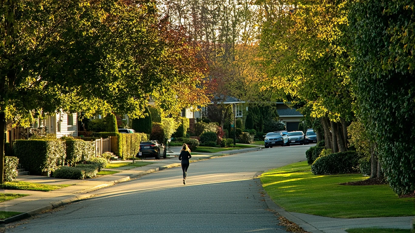 A woman jogs along a winding sidewalk lined with tall evergreen trees in a Bellevue neighborhood.