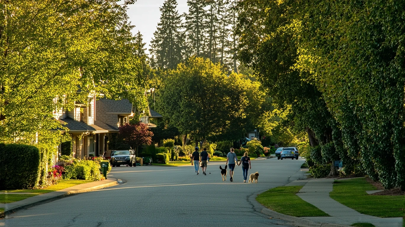 A couple walking their dog on a winding sidewalk lined with trees and upscale homes in Bellevue, Washington.