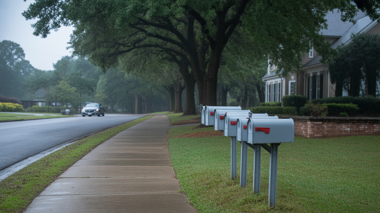A sidewalk curving past mailboxes on a overcast day in a Cary, NC neighborhood with traditional homes and mature trees.