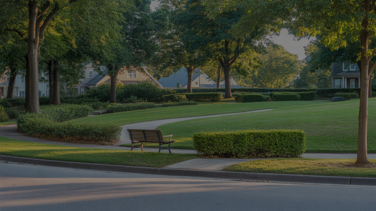 A manicured neighborhood park with a walking path in Cary, North Carolina