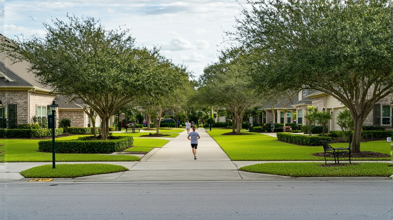 A tidy neighborhood park with a path and bench in Winter Garden, Florida, with houses visible across the street.