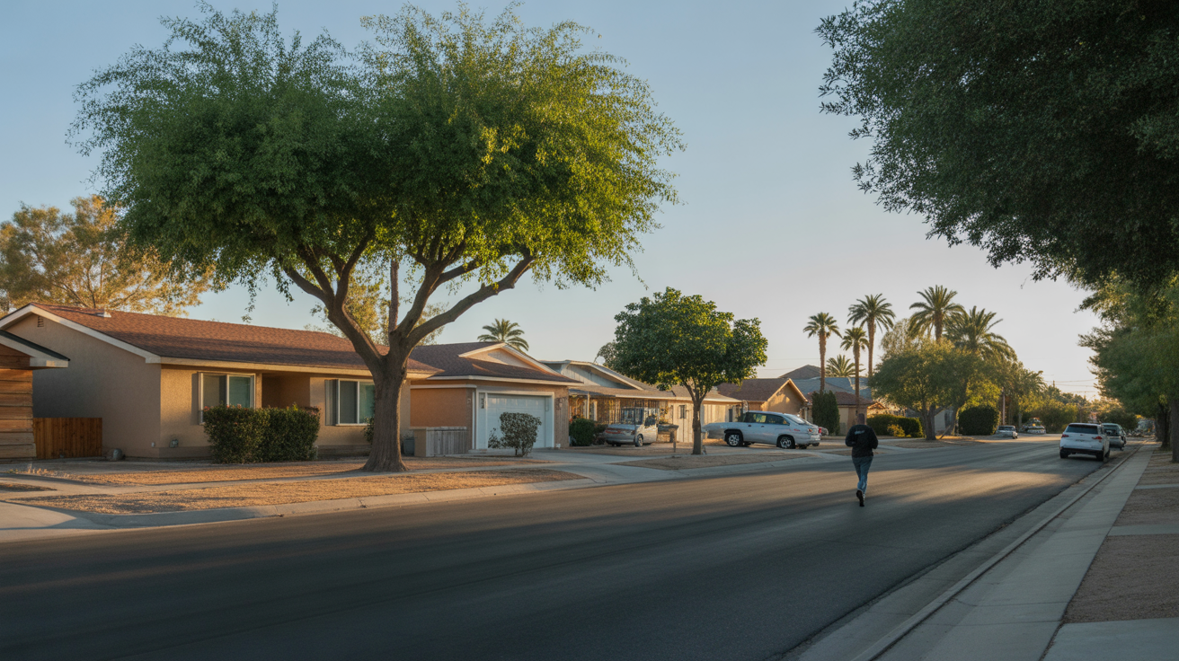 A quiet street in suburban Las Vegas lined with single-story homes and leafy trees in morning light.