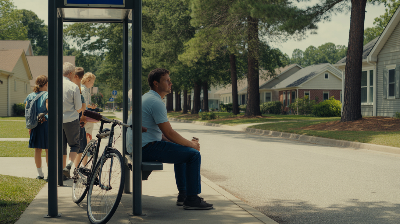Man waiting with bicycle at suburban bus stop in Indian Trail, NC