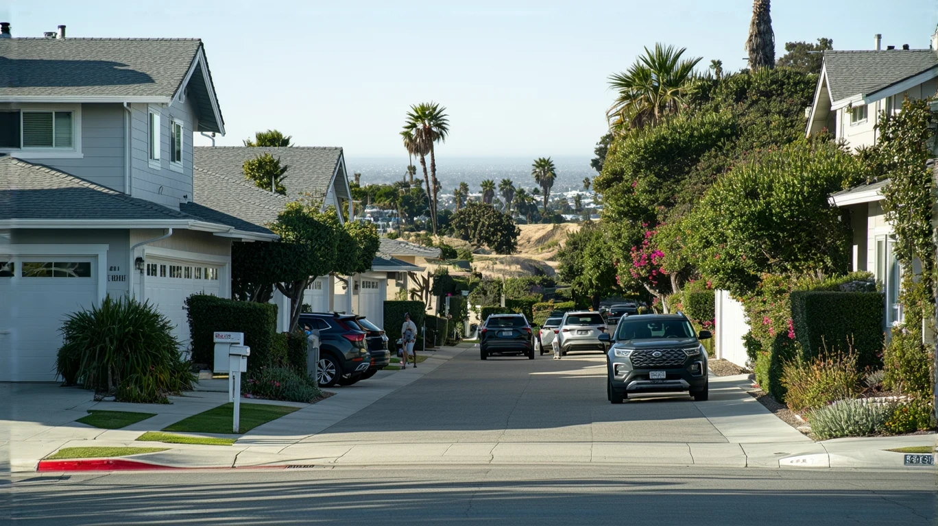 A sunny residential street in Encinitas lined with modest single-family homes, tidy yards, and a person walking their dog on the sidewalk.