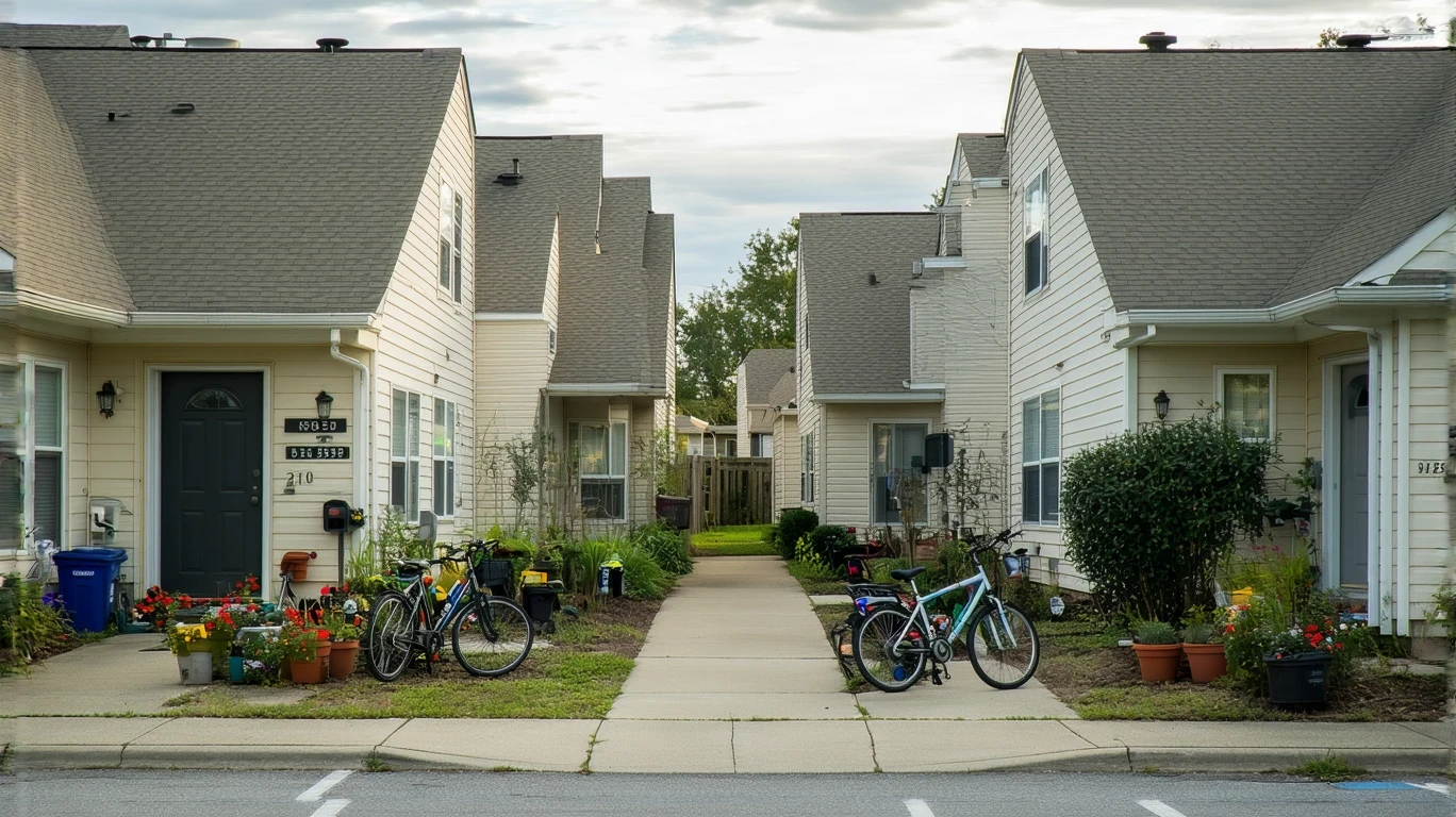 Apartment complex in Orlando, Florida with bikes, plants and chairs outside unit doors