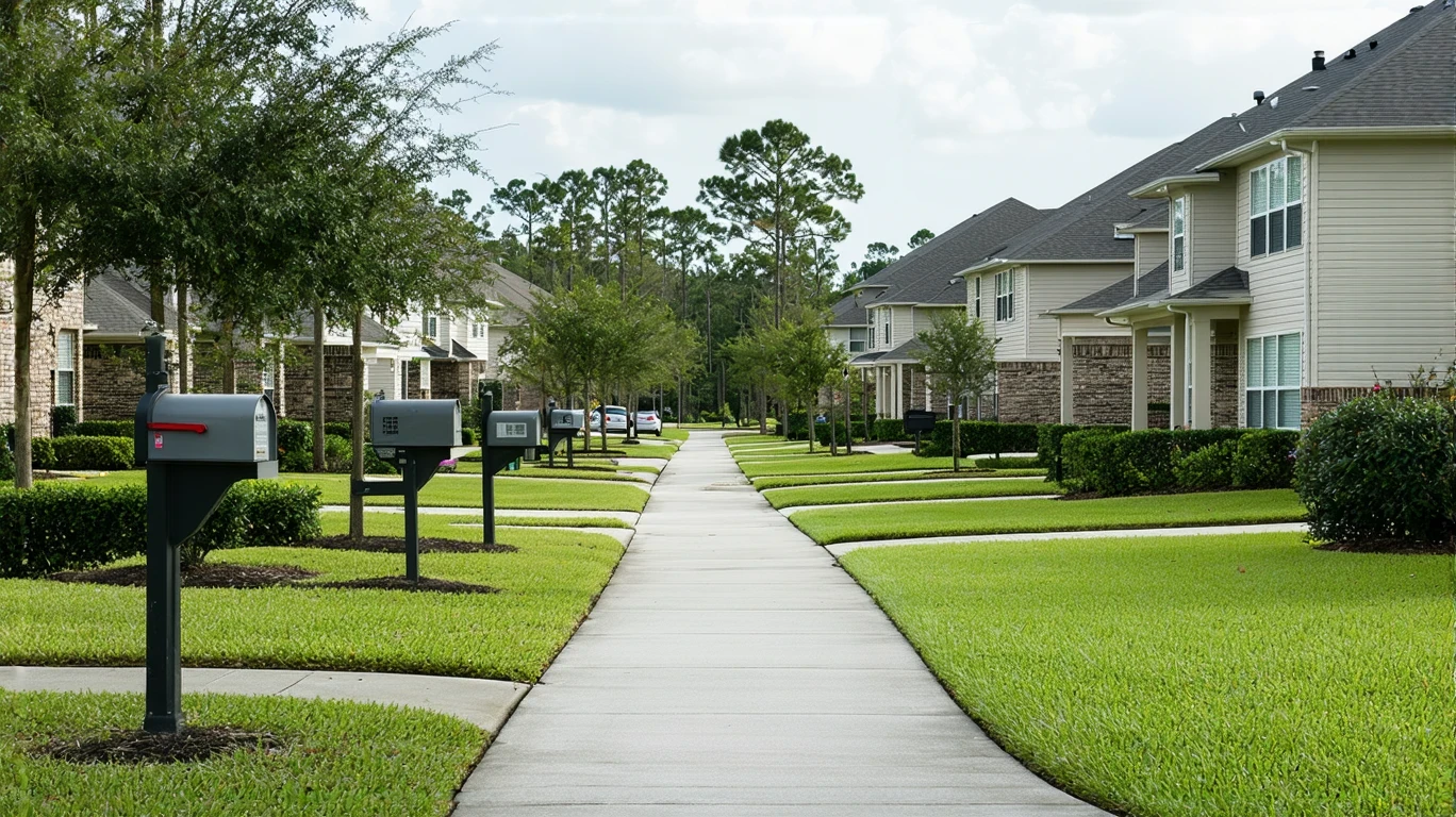 Residential sidewalk in Brandon, Florida with a row of mailboxes on a cloudy day