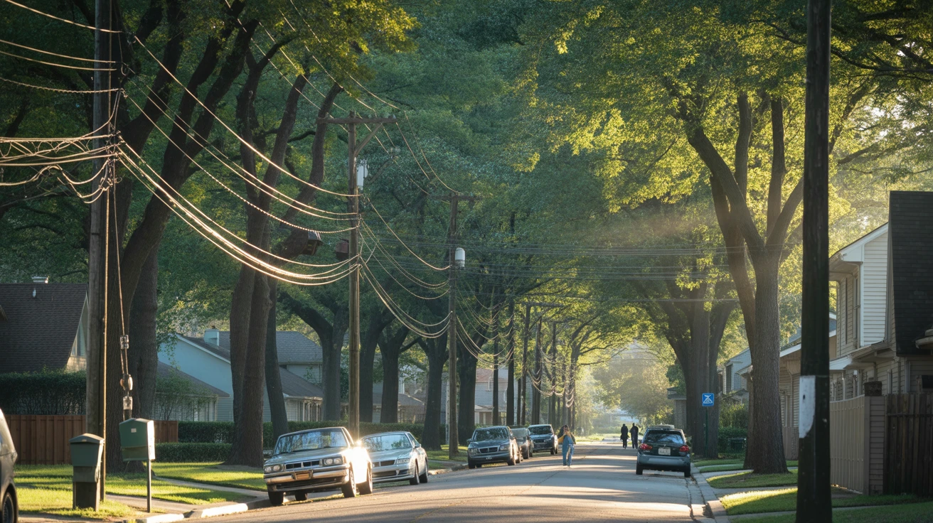 A peaceful, tree-lined street in Katy, Texas on a sunny morning