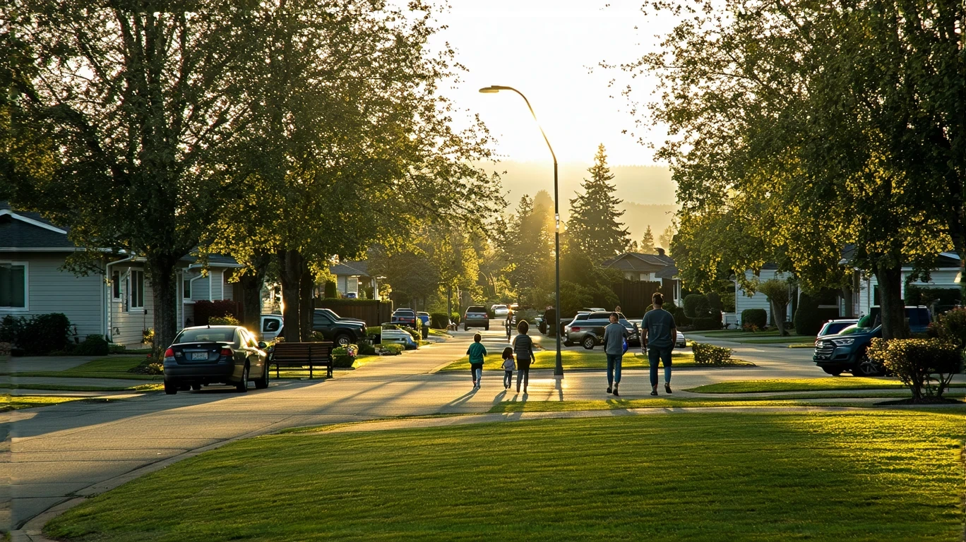 A father and daughter walk through a small park in Kent, Washington at golden hour
