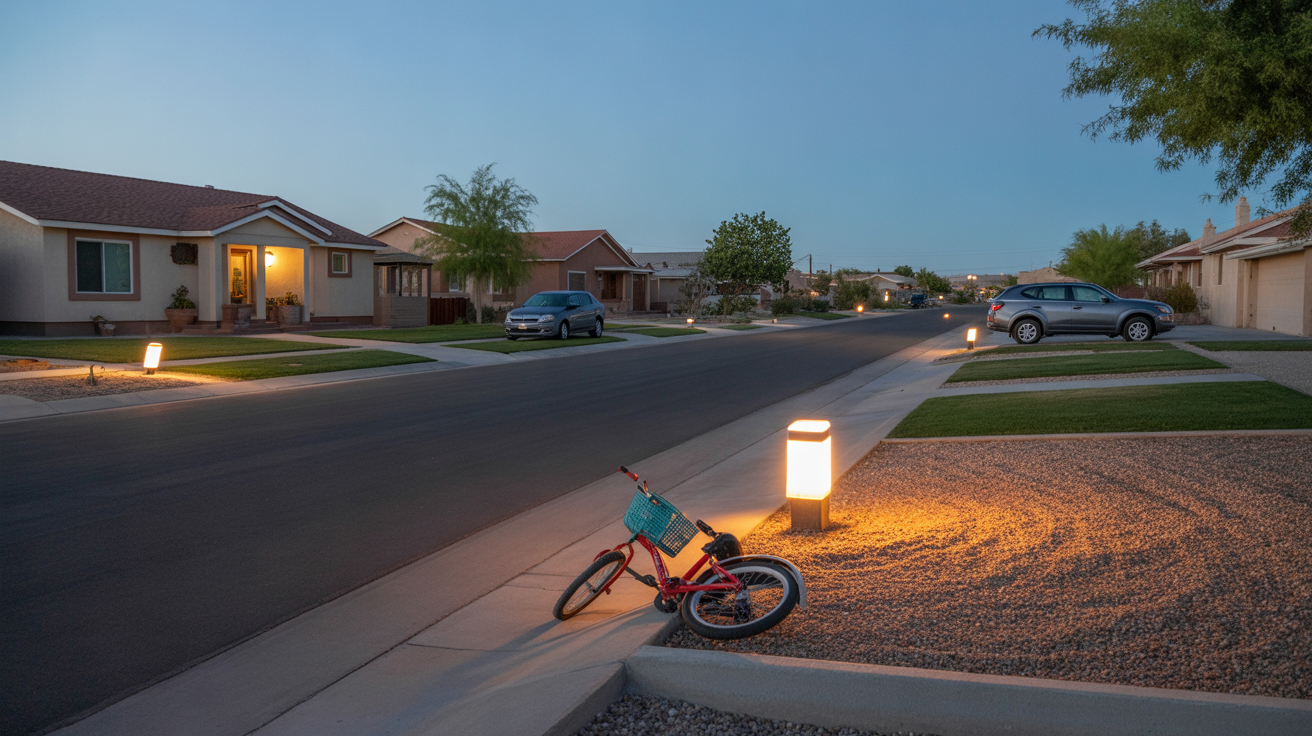 A quiet cul-de-sac in North Las Vegas at dusk, with porch lights turning on and a child's bicycle on the curb.