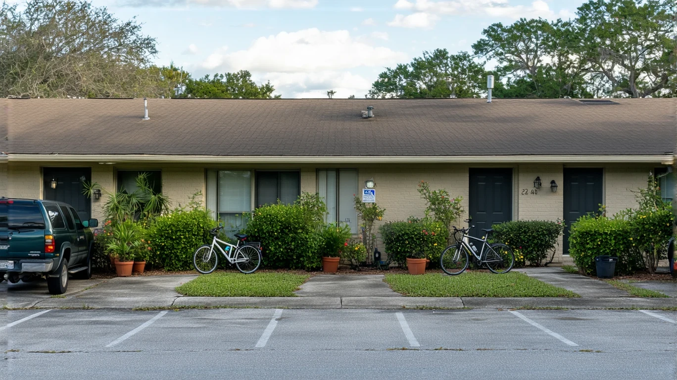 An apartment building in Kissimmee, Florida with bikes parked outside the units