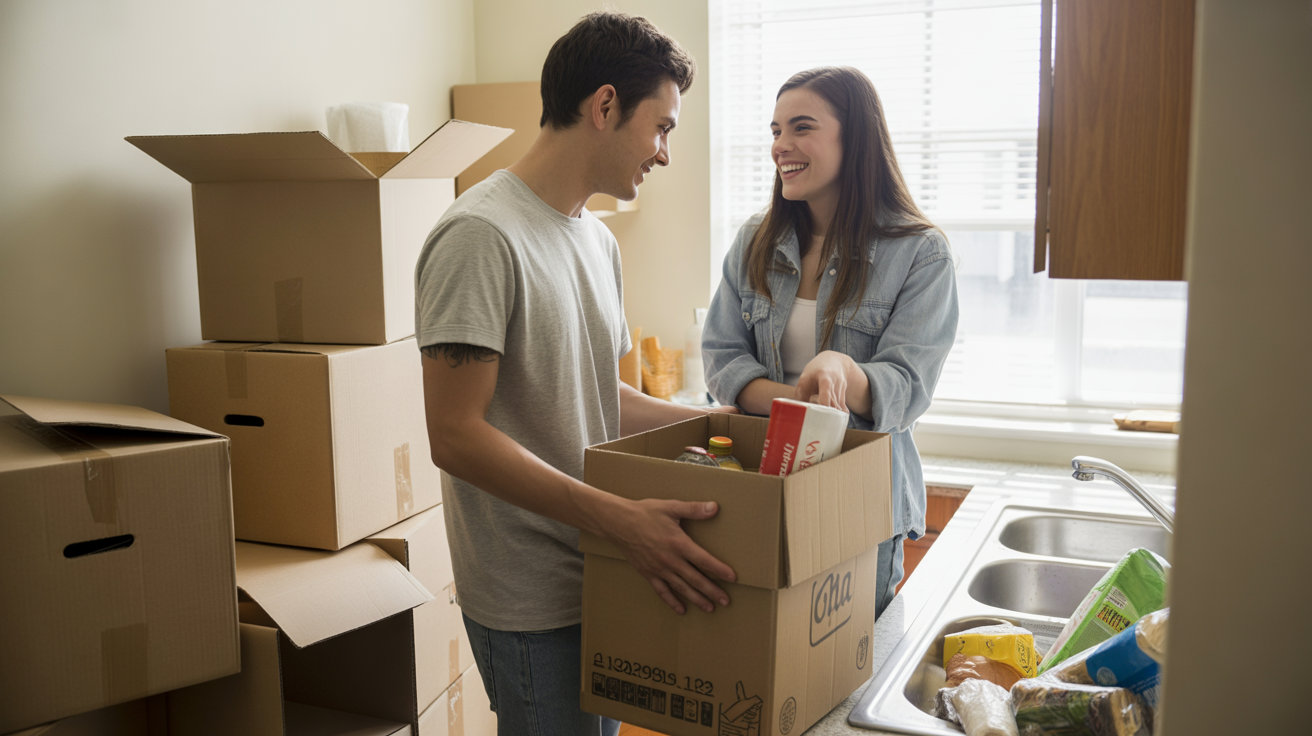 Roommates unpack groceries and moving boxes in new Charlotte apartment