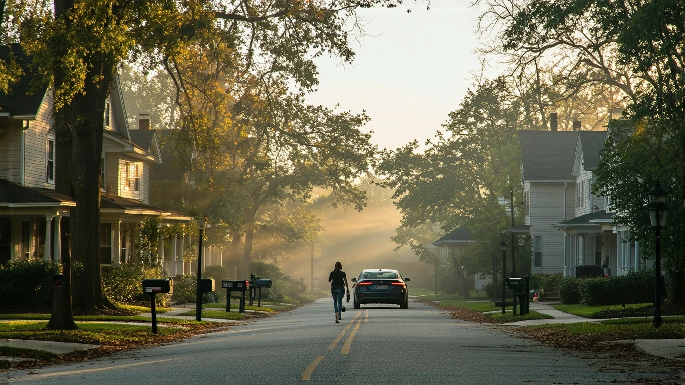 A misty fall morning on a tree-lined residential street in Lakeland, Florida
