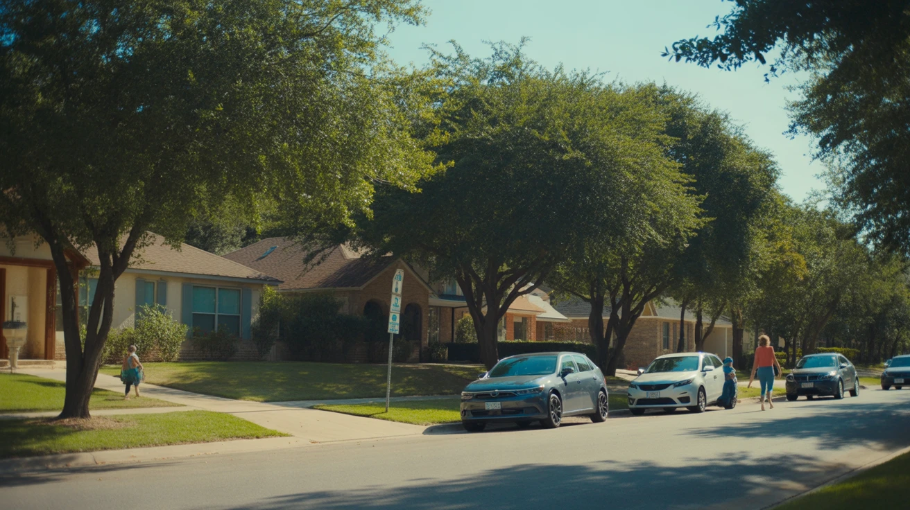 A sunny residential street in Carrollton, Texas lined with modest single-family homes and shade trees