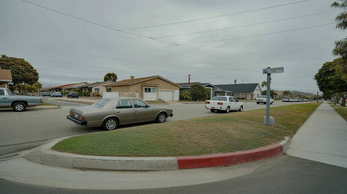 Residential street corner in Chula Vista with older car parked and overhead utility lines
