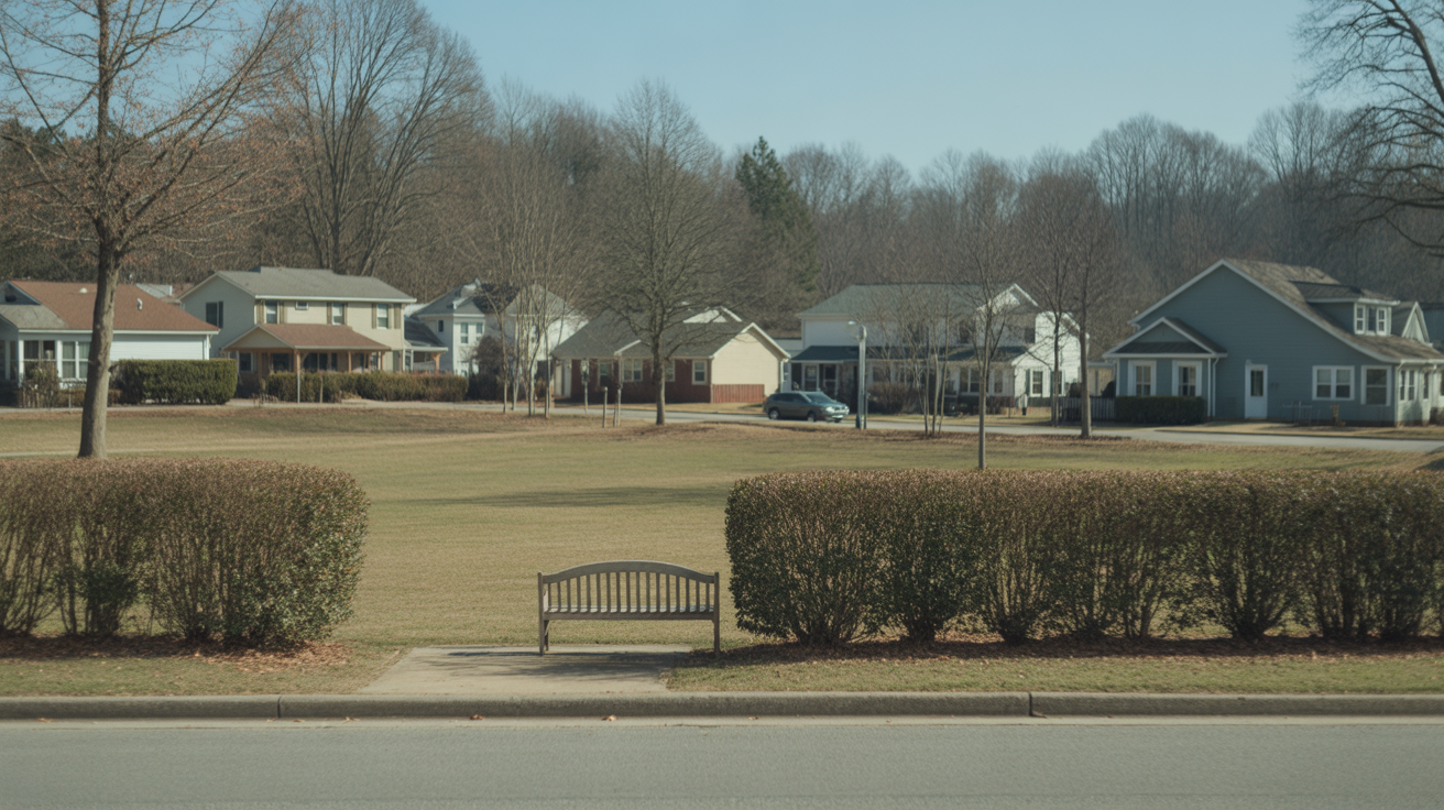 A neighborhood park in Apex, NC with trimmed hedges, a walking path, and a bench
