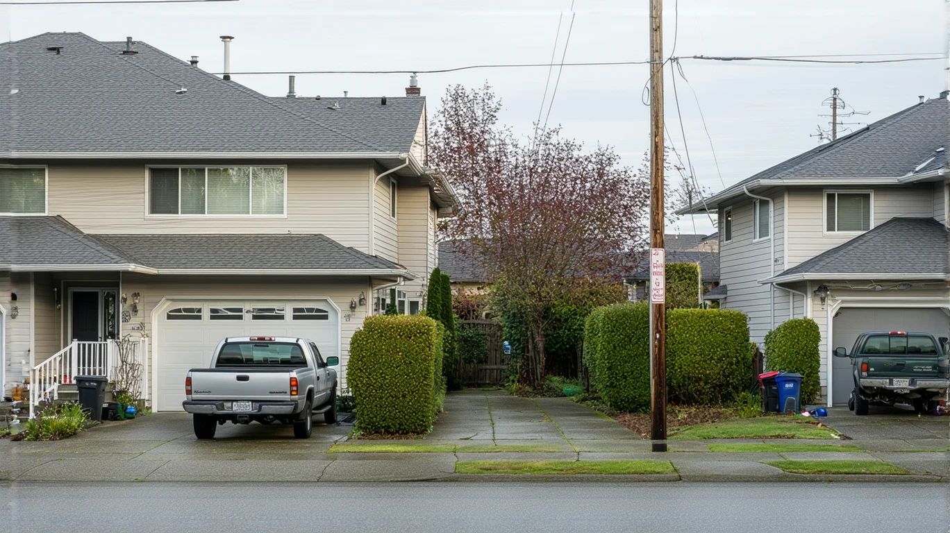 A residential street corner in Everett, WA with small yards and a parked truck.